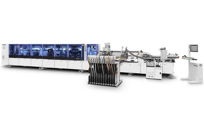 封邊機 EDGETEQ S-500 profiLine 在工件封邊過程中發(fā)揮其強項，自動化系統(tǒng)則在 LIGNA 展會上保證在適當?shù)臅r刻提供用于封邊的正確材料。